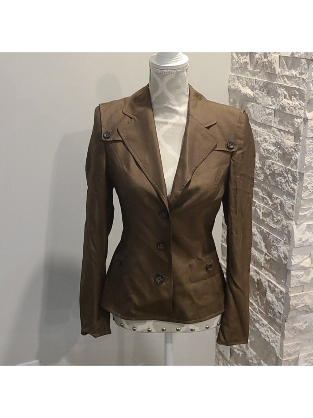 Escada Trench Style Blazer Brown/Gold, Wool & Silk Blend Jacket